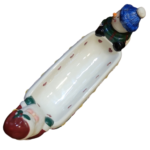 Vtg Christmas Earthenware Santa Snowman Ceramic Hearts Stars Candy Crackers Bowl - Picture 4 of 7